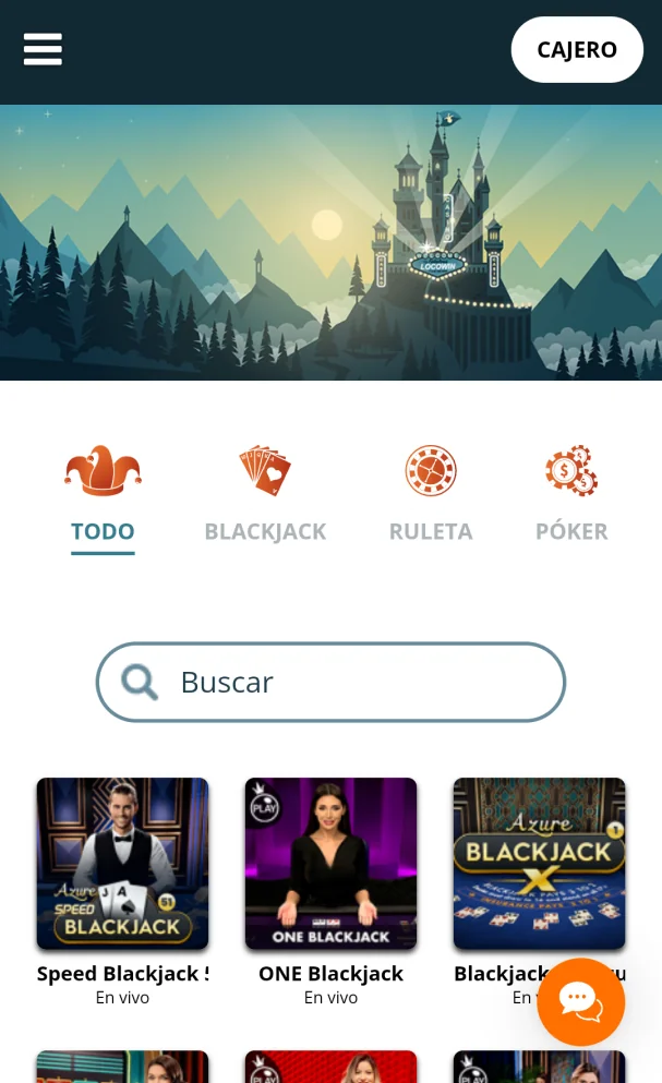 Sección Live Casino de la aplicación Locowin